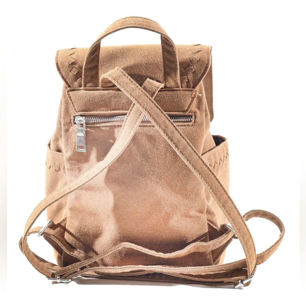 Elegant Tan Suede Backpack with Tassel Accents